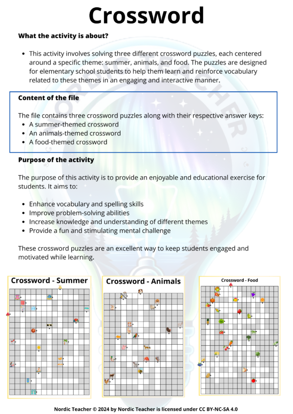 Kryssord (Blandet, dyr, mat) / Crossword (Summer, animals, food)