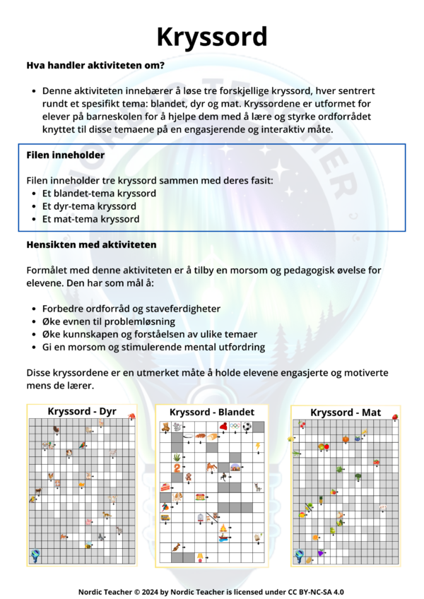 Kryssord (Blandet, dyr, mat) / Crossword (Summer, animals, food) - Bilde 2