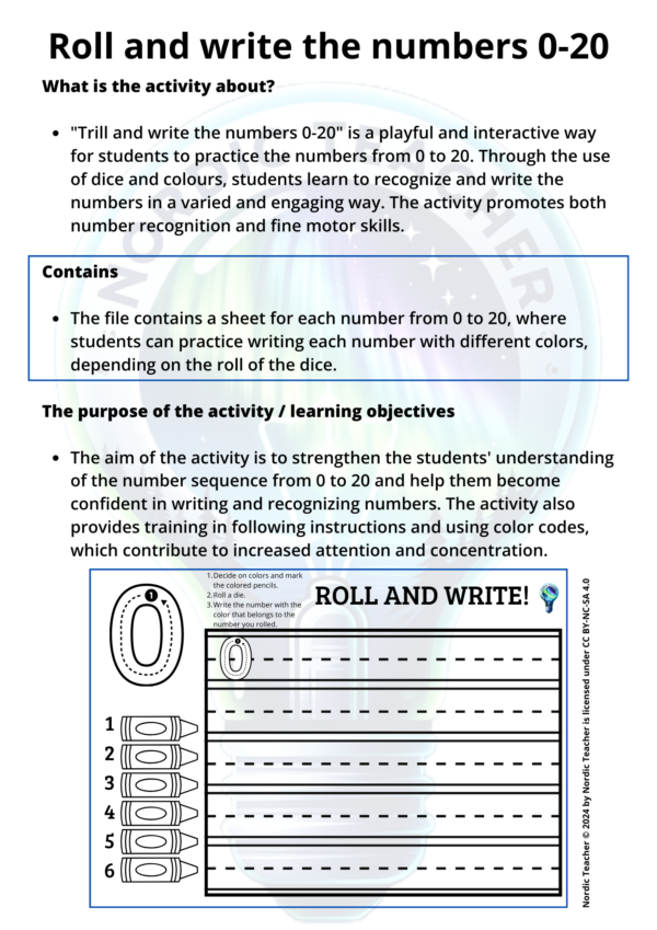 Trill og skriv tallene 0-20 / Roll and write the numbers 0-20